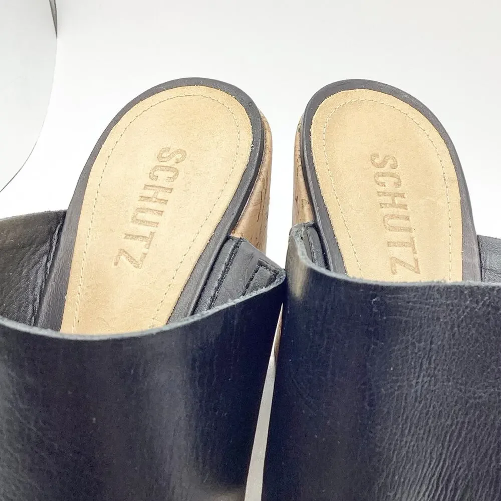 Schutz Kai Soft Black Leather Slip On Cork Wedge Sandal 10 NEW Dustbag